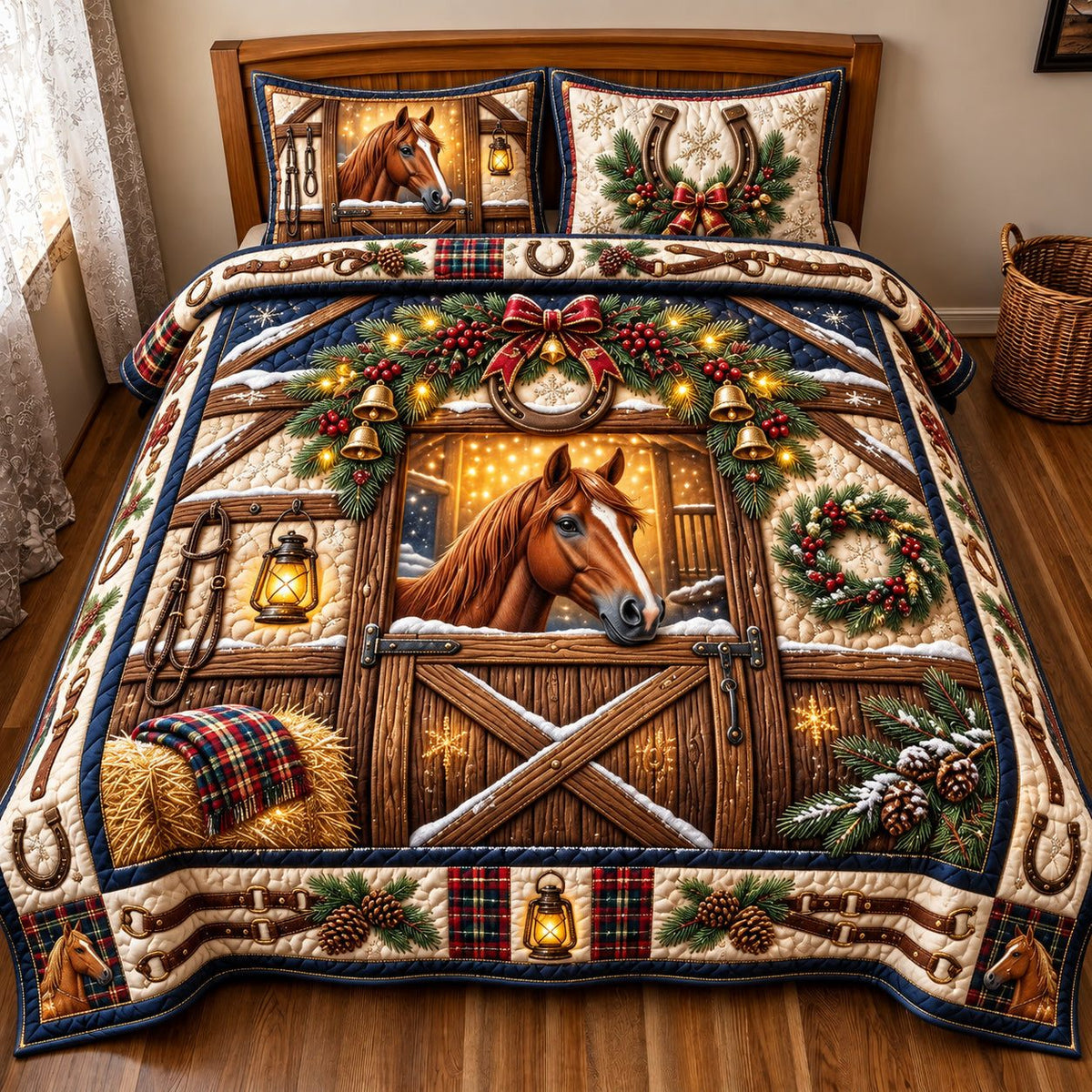 Stable Horse quilted 3-piece bedding set on a made bed in a rustic timber bedroom