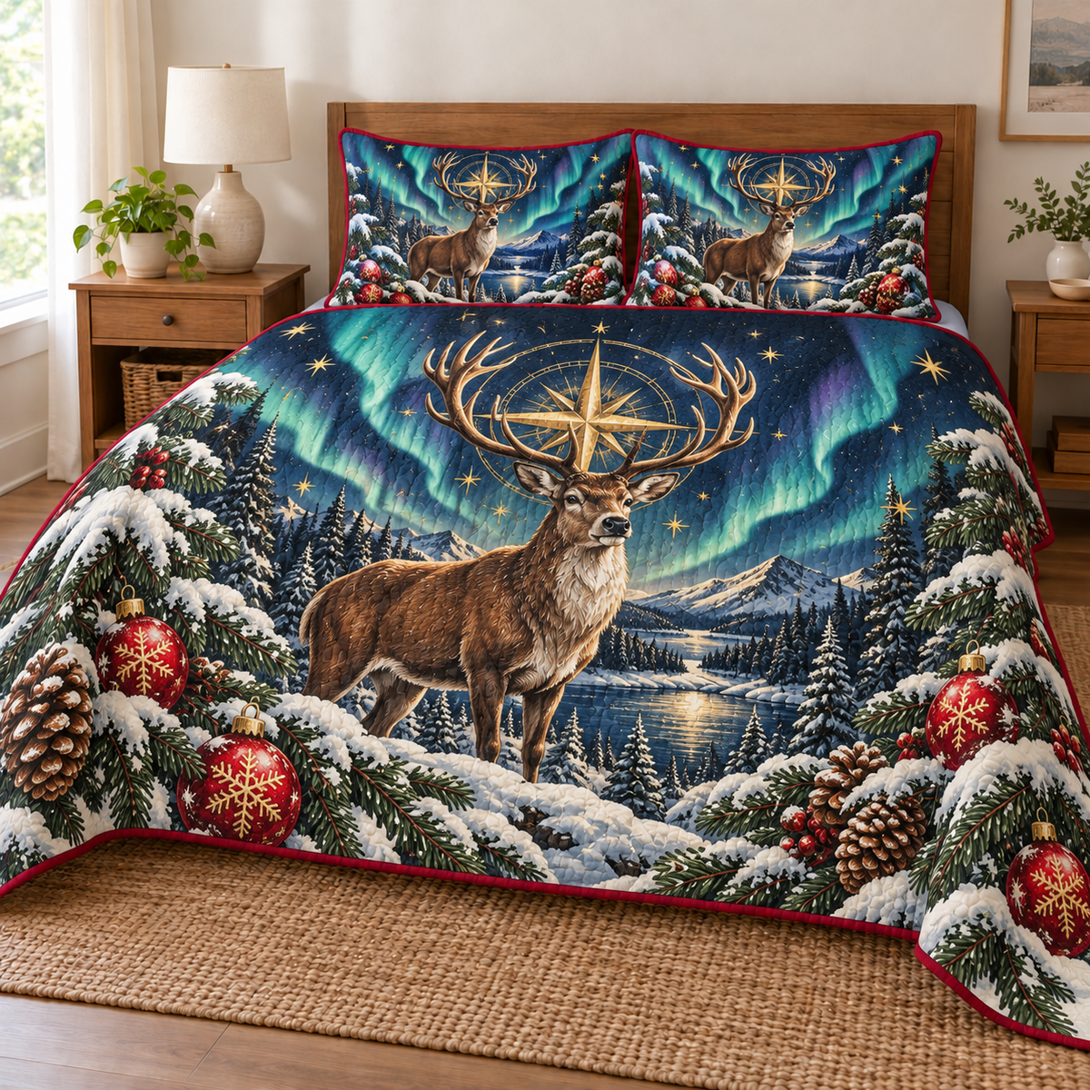 Stag, teal aurora and decorative gold compass Christmas quilt with two matching shams and cranberry binding; design mockup.