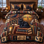Stained Glass Black Cat quilted 3-piece bedding set on a made bed with two matching pillow shams