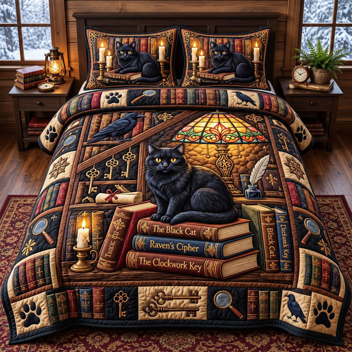 Stained Glass Black Cat quilted 3-piece bedding set on a made bed with two matching pillow shams