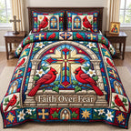 Stained Glass Cardinal Faith Over Fear quilted 3-piece bedding set on a made bed in a softly lit bedroom
