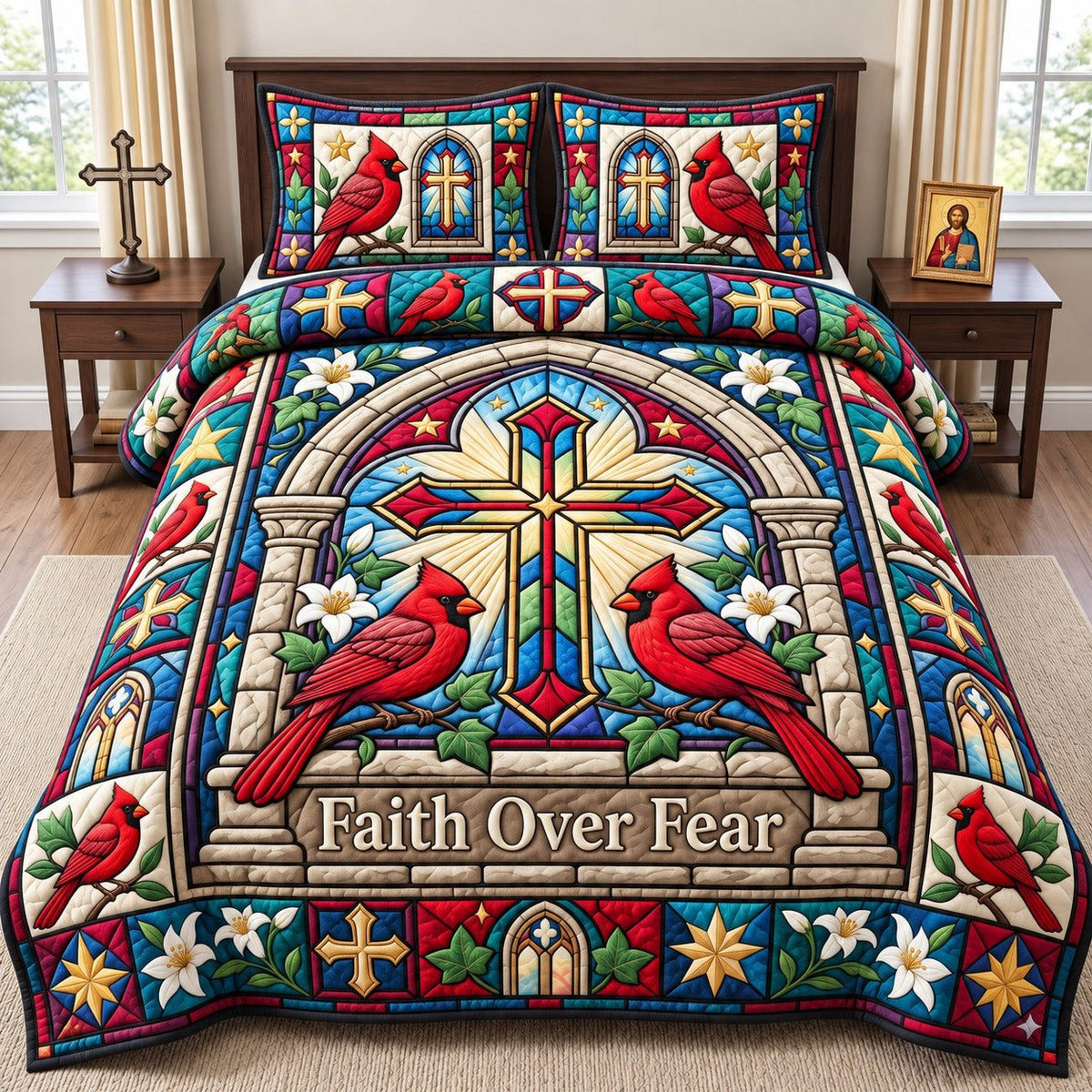 Stained Glass Cardinal Faith Over Fear quilted 3-piece bedding set on a made bed in a softly lit bedroom