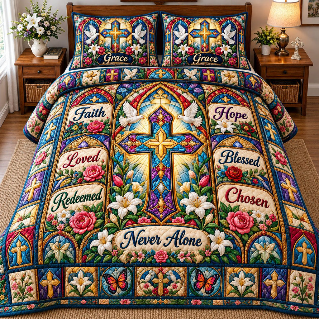 Stained Glass Cross Never Alone quilted 3-piece bedding set on a made bed in a softly lit bedroom