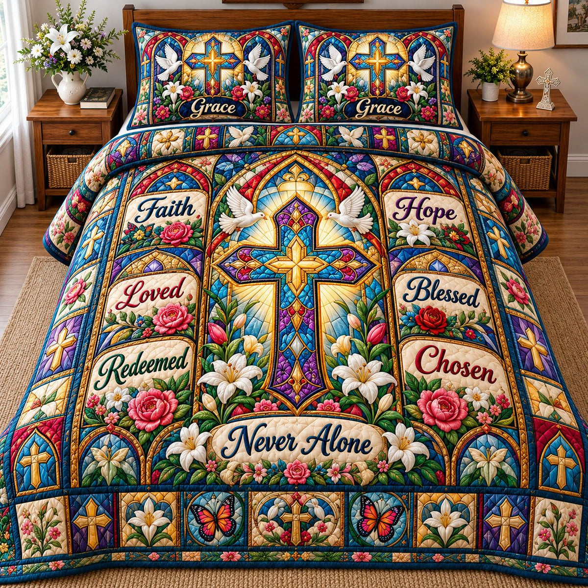 Stained Glass Cross Never Alone quilted 3-piece bedding set on a made bed in a softly lit bedroom
