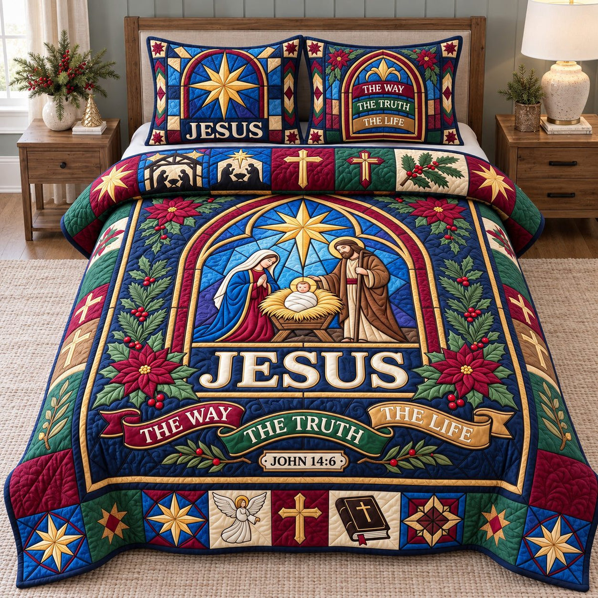 Stained Glass Nativity Jesus Way Truth Life quilted 3-piece bedding set on a made bed in a winter-styled bedroom