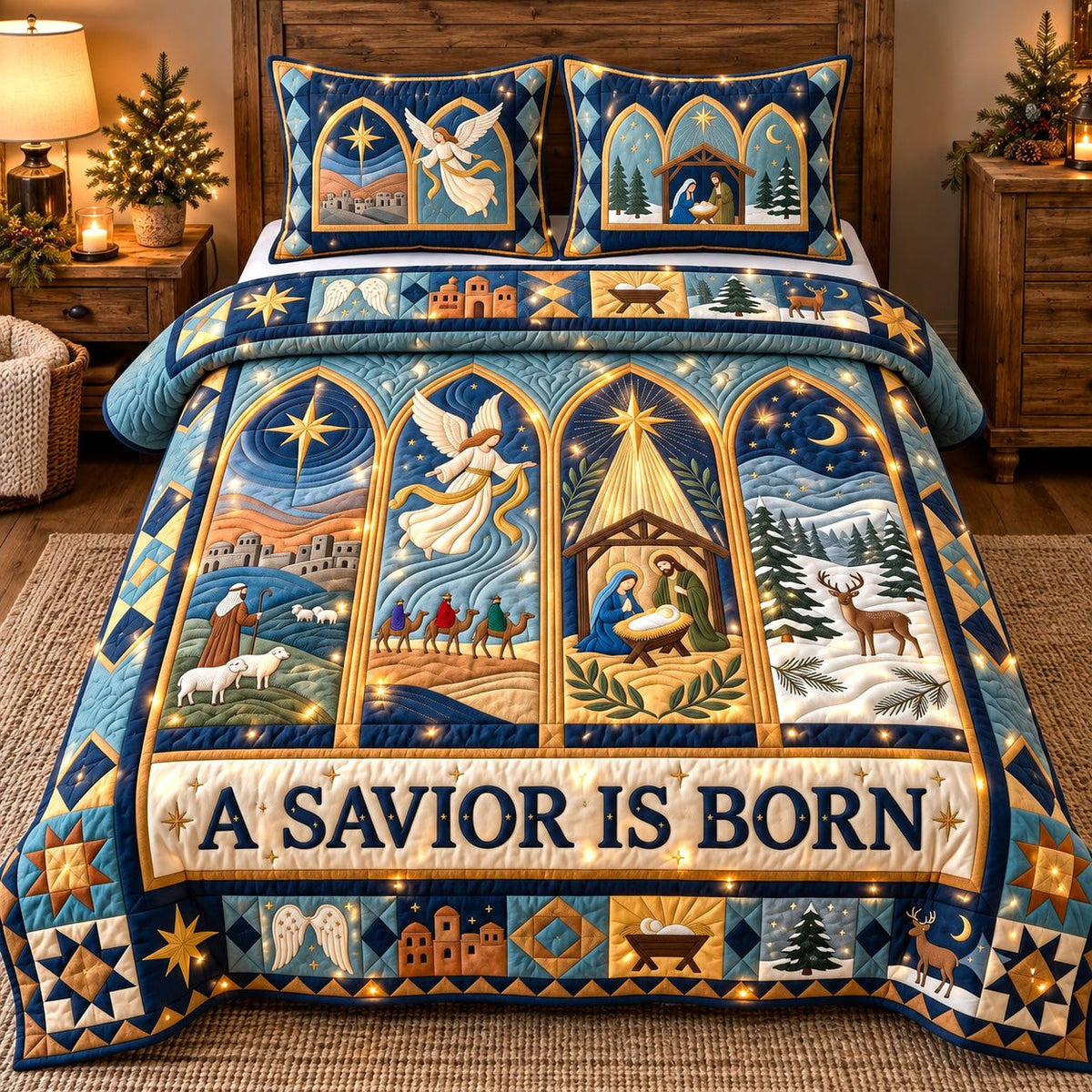 Stained Glass Savior quilted 3-piece bedding set on a made bed with two matching pillow shams