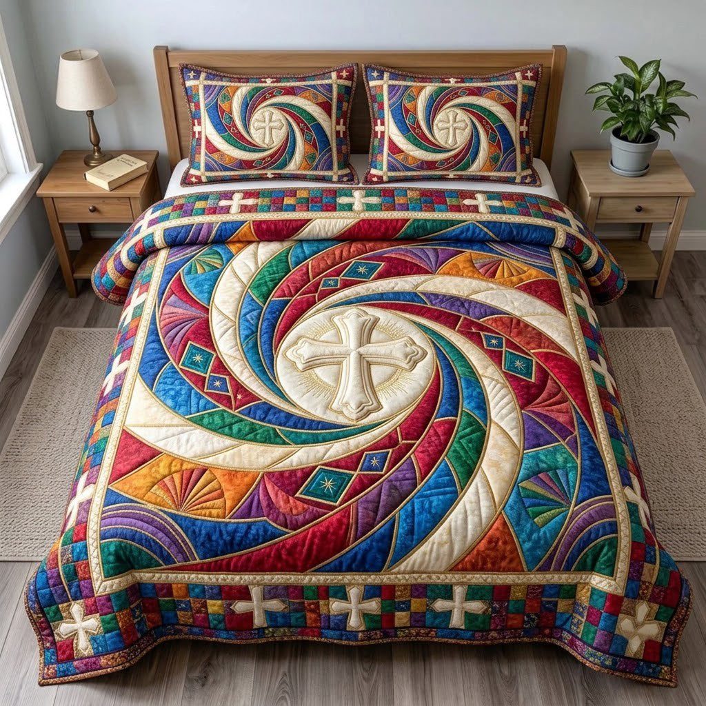 Stained Glass Spiral quilted 3-piece bedding set on a made bed with two matching pillow shams