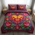Stained Heart quilted 3-piece bedding set on a made bed with two matching pillow shams