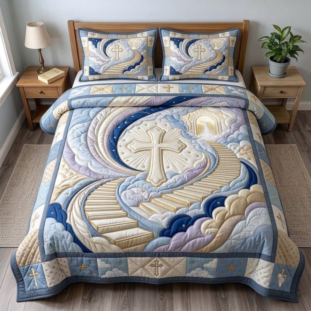 Stairway To Heaven quilted 3-piece bedding set on a made bed in a softly lit bedroom