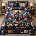 Stand Firm quilted 3-piece bedding set on a made bed with two matching pillow shams