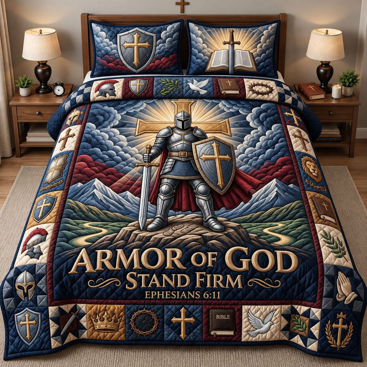 Stand Firm quilted 3-piece bedding set on a made bed with two matching pillow shams