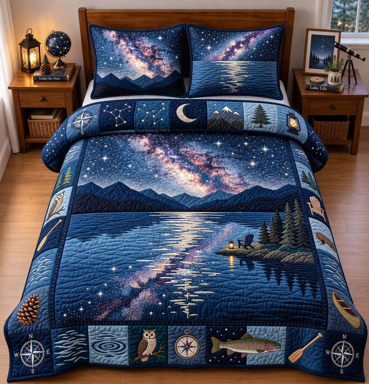 Starlight Mountain Lake quilted 3-piece bedding set on a made bed with two matching pillow shams