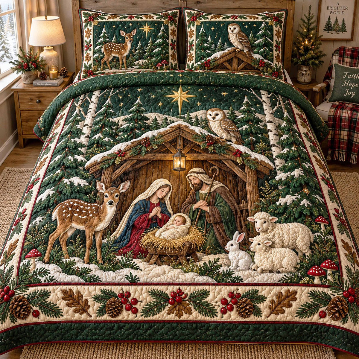 Starlit Bethlehem quilted 3-piece bedding set on a made bed with two matching pillow shams