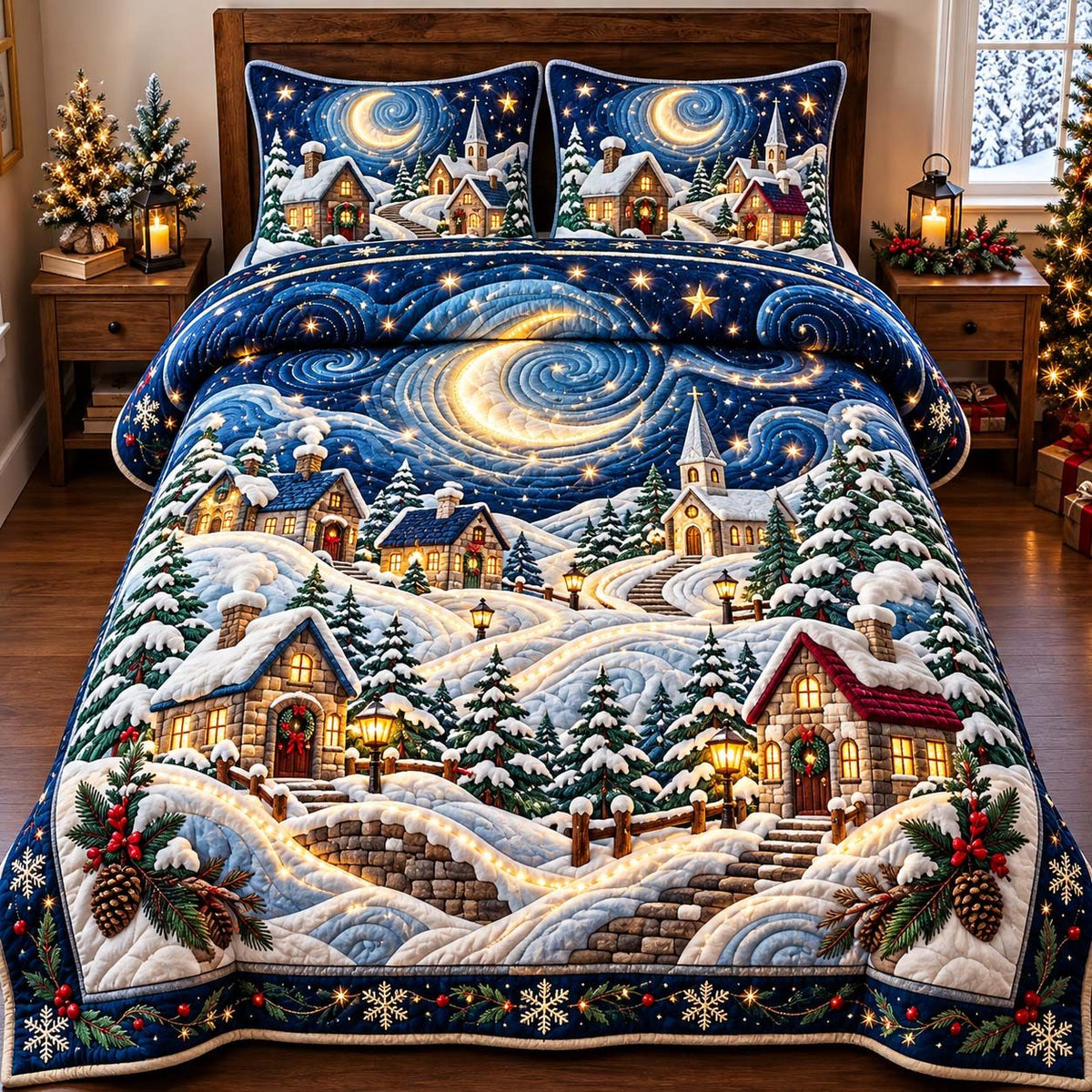Starlit Christmas Village quilted 3-piece bedding set on a made bed in a winter-styled bedroom