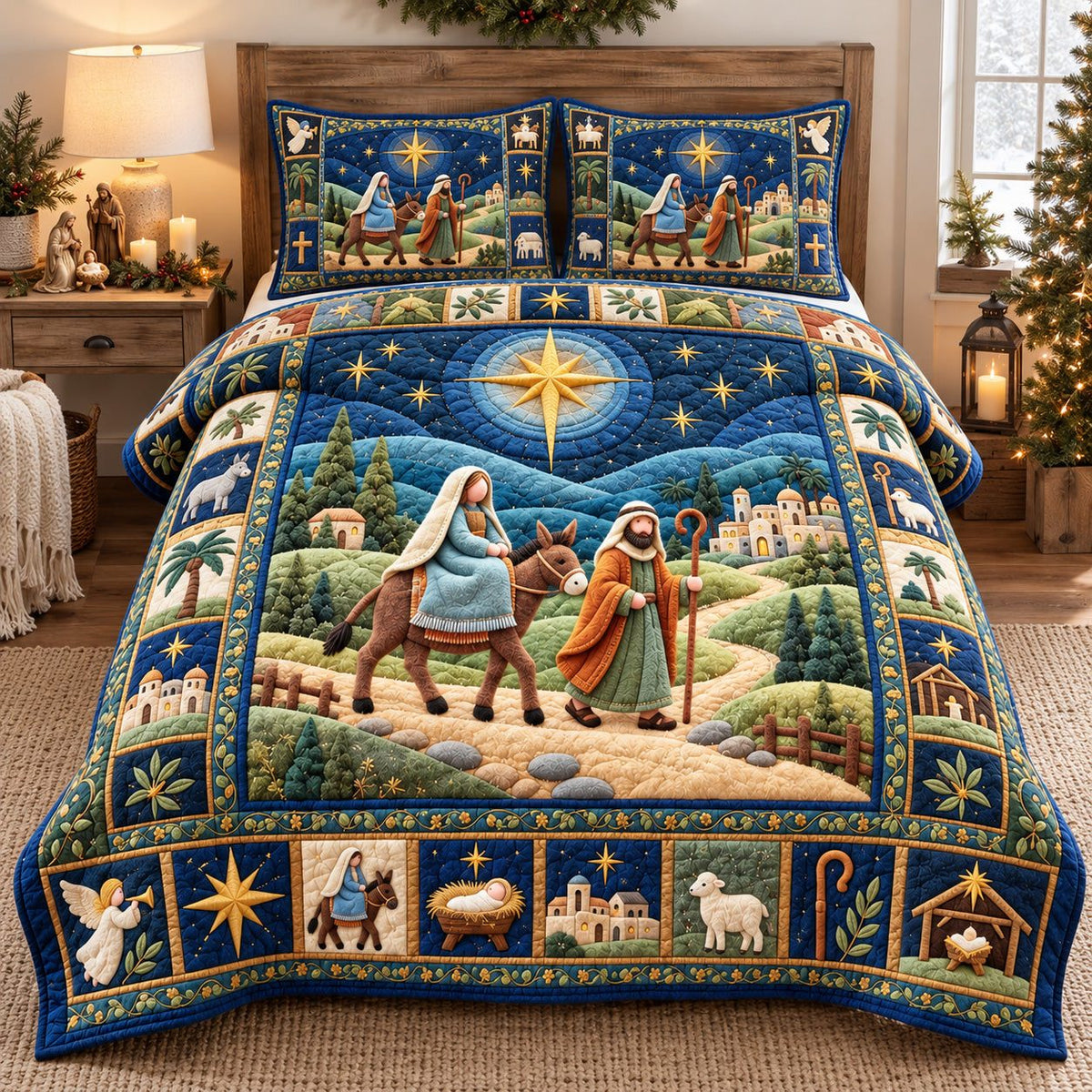 Starlit Donkey Journey To Bethlehem quilted 3-piece bedding set on a made bed with two matching pillow shams