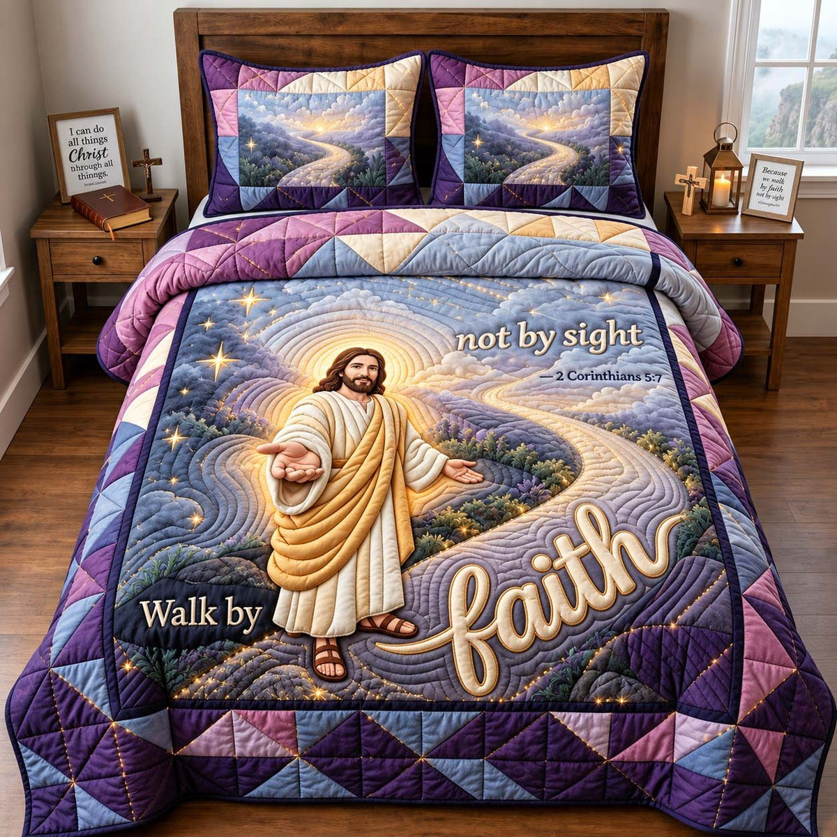 Starlit Path Walk By Faith Not By Sight quilted 3-piece bedding set on a made bed in a softly lit bedroom