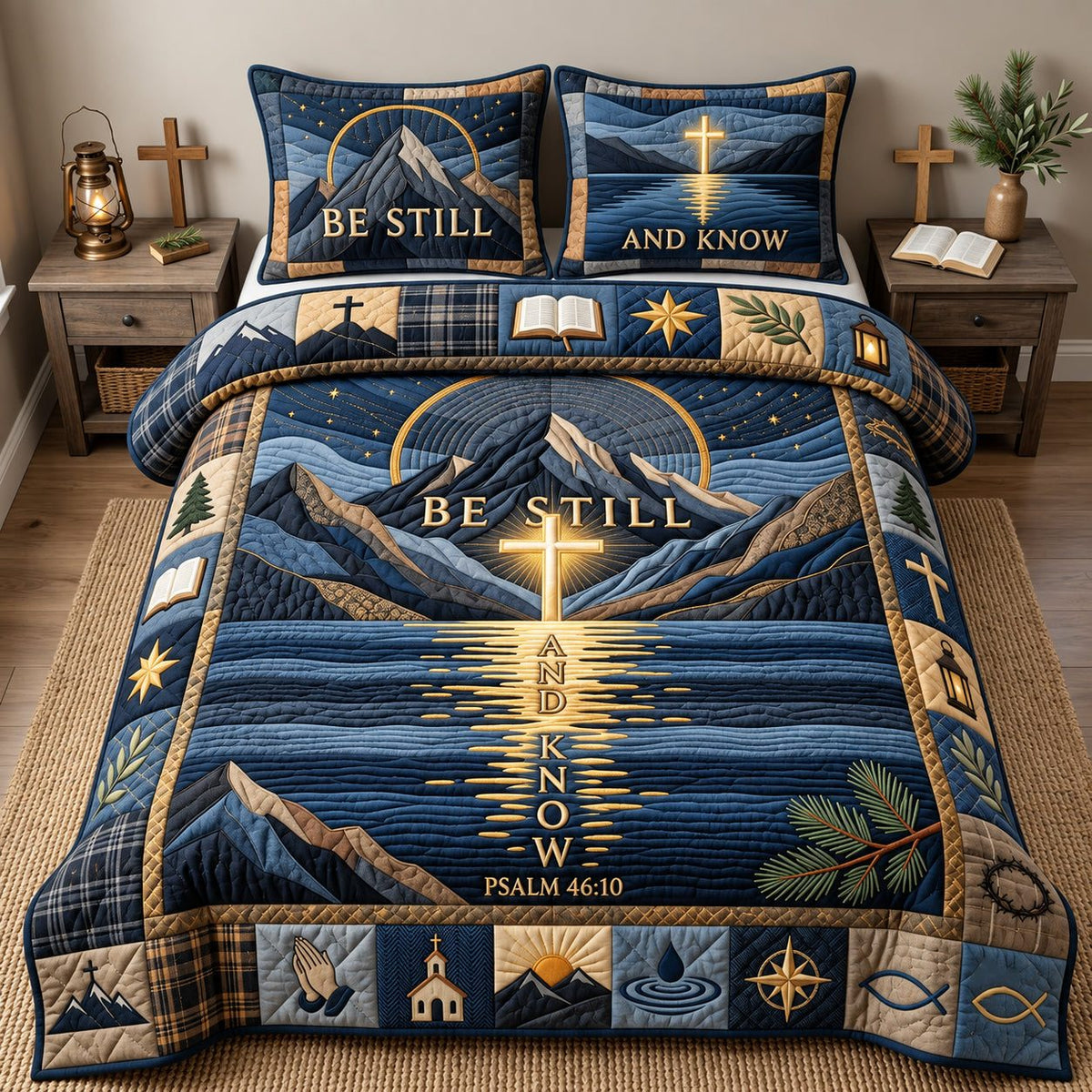 Starry Cross Be Still And Know quilted 3-piece bedding set on a made bed in a softly lit bedroom
