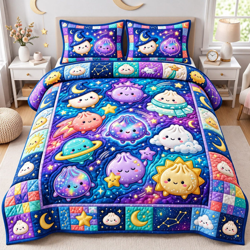 Starry Galaxy Dumplings quilted 3-piece bedding set on a made bed with two matching pillow shams