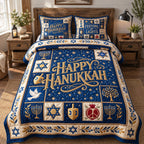 Starry Hanukkah Night quilted 3-piece bedding set on a made bed with two matching pillow shams