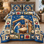 Starry Night Nativity quilted 3-piece bedding set on a made bed in a winter-styled bedroom