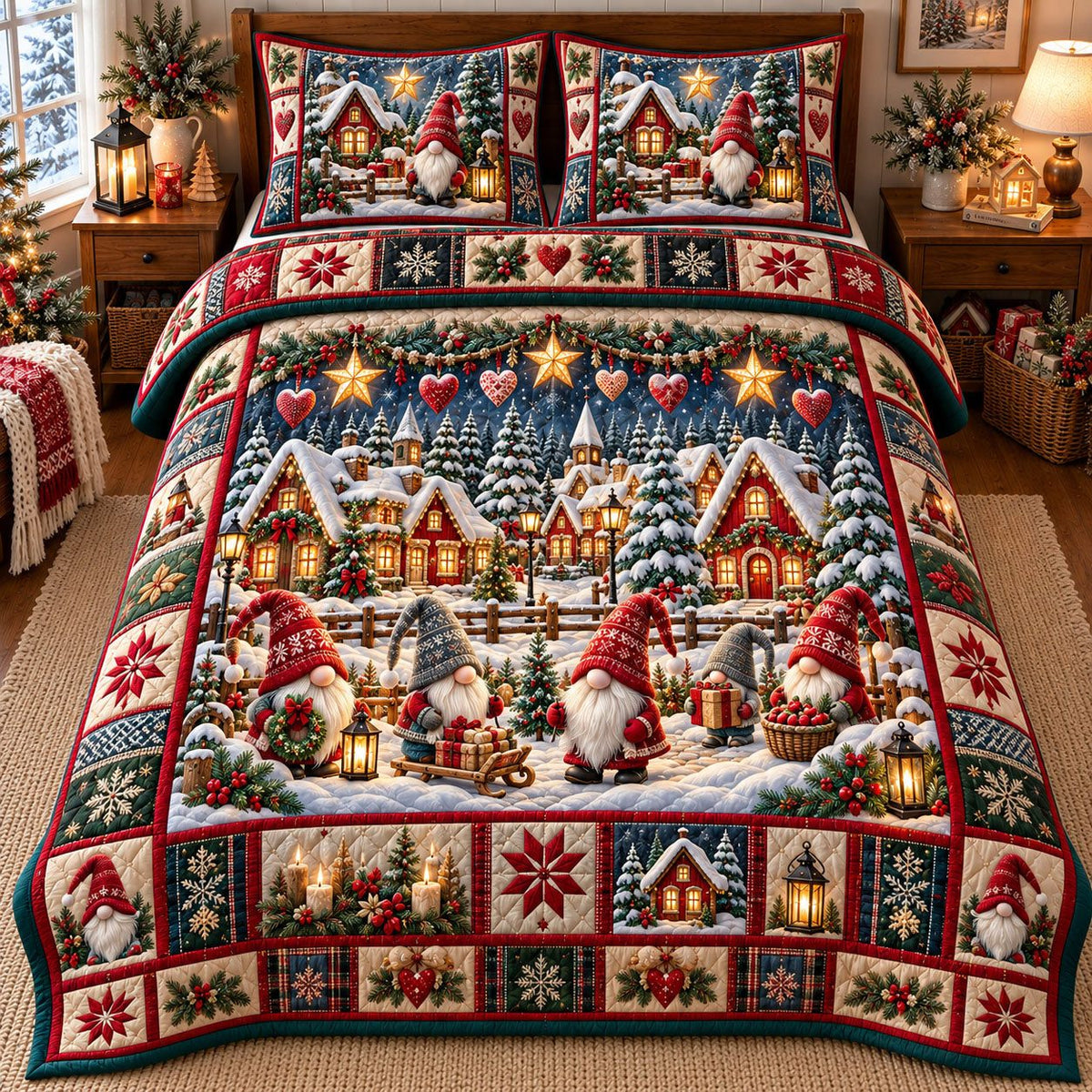 Starry Rooftop Gnome Village quilted 3-piece bedding set on a made bed with two matching pillow shams