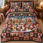 Starry Rooftop Gnome Village quilted 3-piece bedding set on a made bed with two matching pillow shams