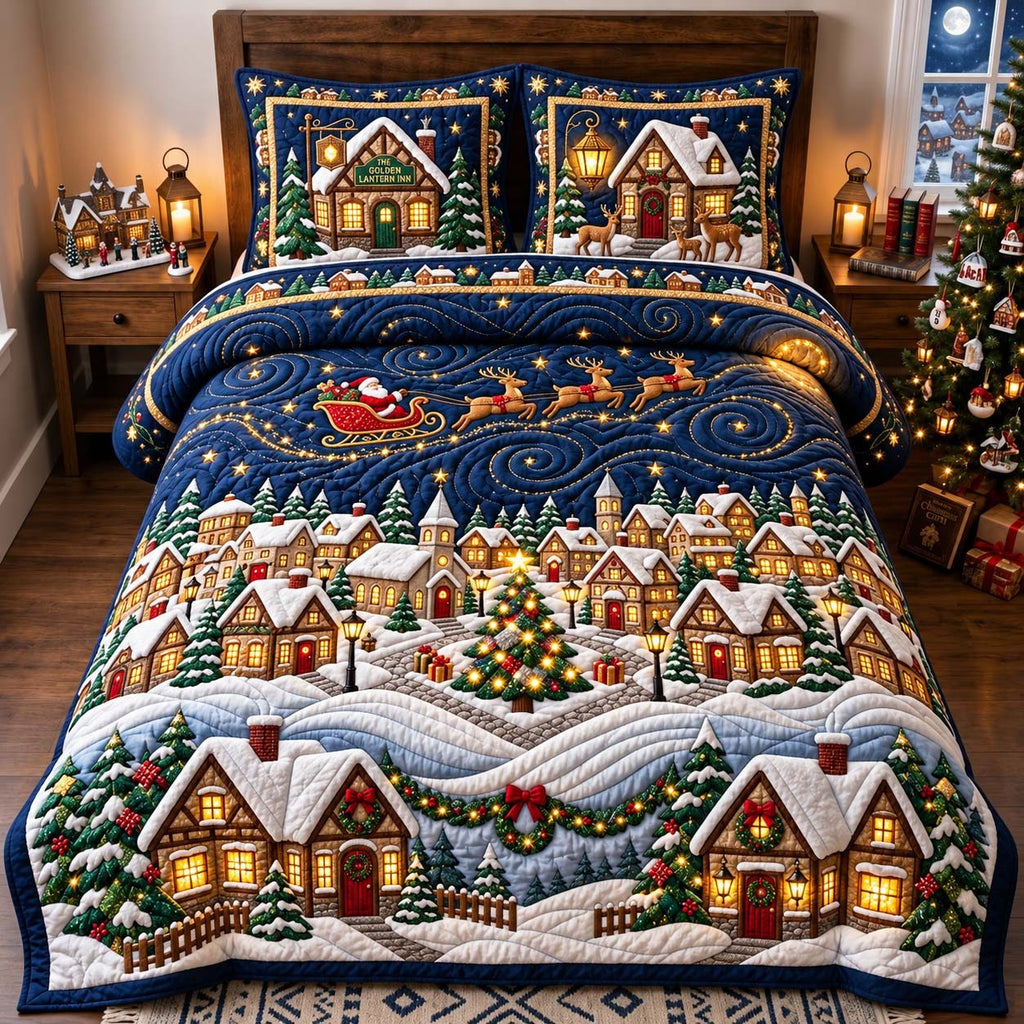 Starry Sleigh Christmas Village Lights quilted 3-piece bedding set on a made bed in a winter-styled bedroom