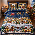 Starry Sleigh Christmas Village Lights quilted 3-piece bedding set on a made bed in a winter-styled bedroom