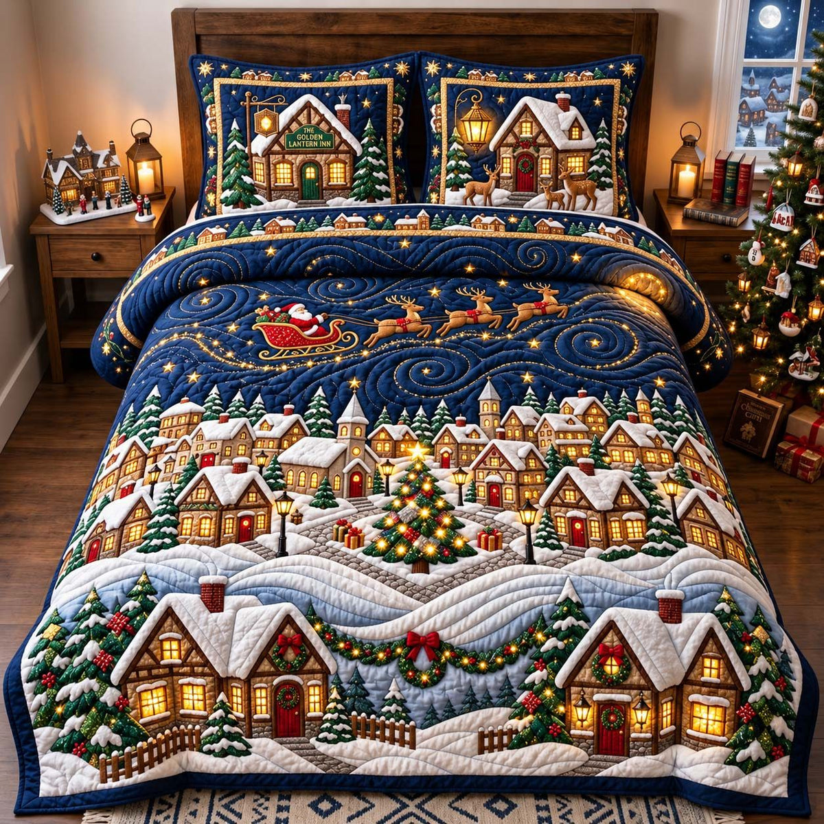 Starry Sleigh Christmas Village Lights quilted 3-piece bedding set on a made bed in a winter-styled bedroom