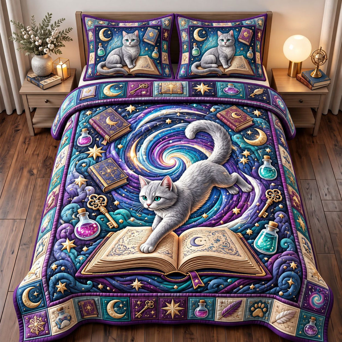 Starry Swirl Leaping Cat quilted 3-piece bedding set on a made bed with two matching pillow shams