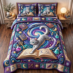 Starry Swirl Leaping Cat quilted 3-piece bedding set on a made bed with two matching pillow shams