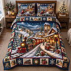 Steam Train Clock Tower Christmas Village quilted 3-piece bedding set on a made bed in a winter-styled bedroom