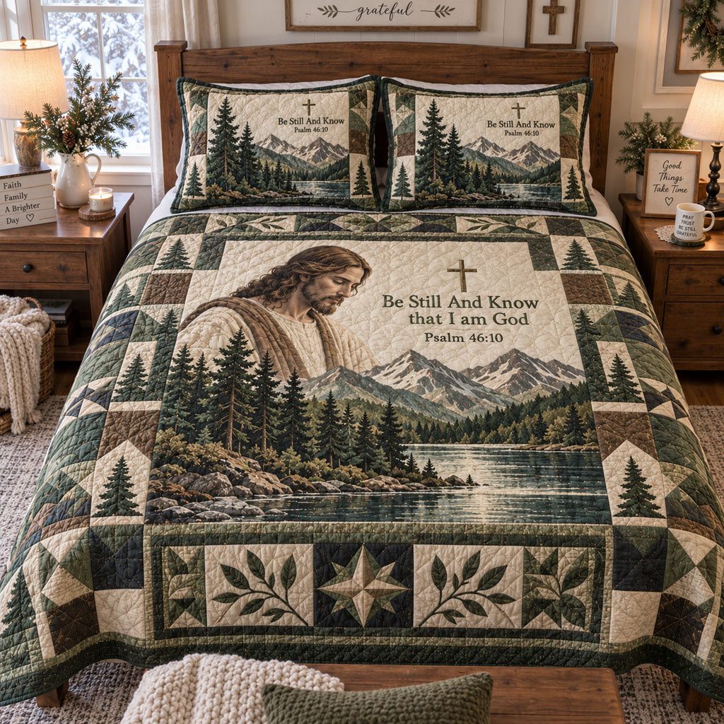 Still and Know quilted 3-piece bedding set on a made bed with two matching pillow shams