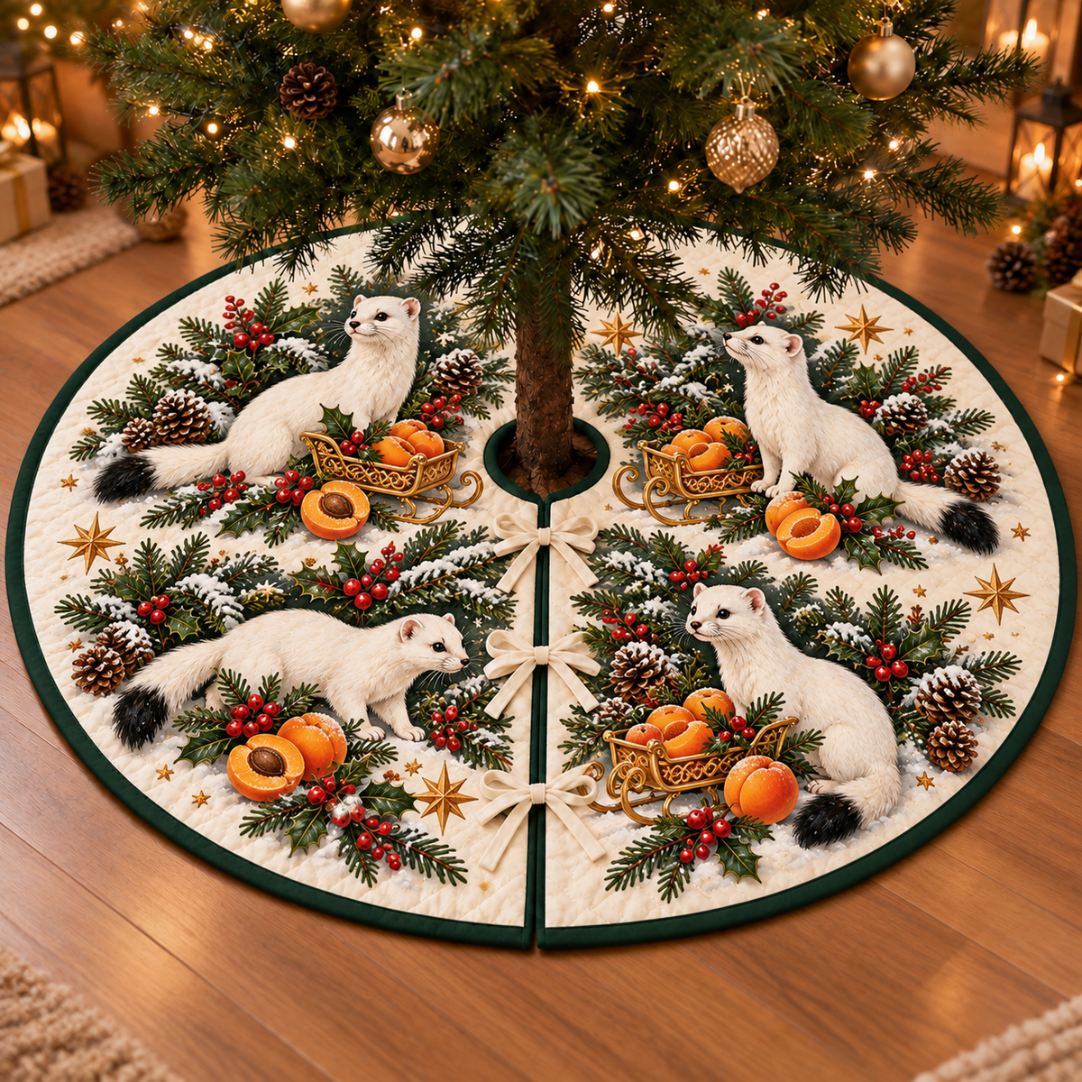 Stoat Apricot Golden Sleigh printed Christmas circular tree skirt; design mockup showing a flat printed depth effect.