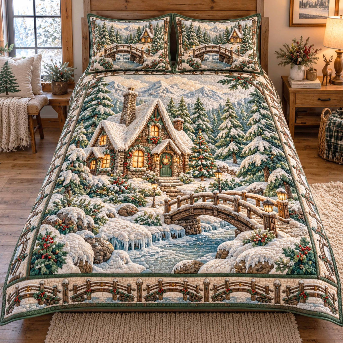 Stone Bridge Winter Village quilted 3-piece bedding set on a made bed in a winter-styled bedroom