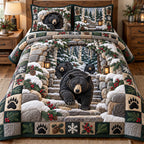 Stone Steps Bear Family quilted 3-piece bedding set on a made bed with two matching pillow shams