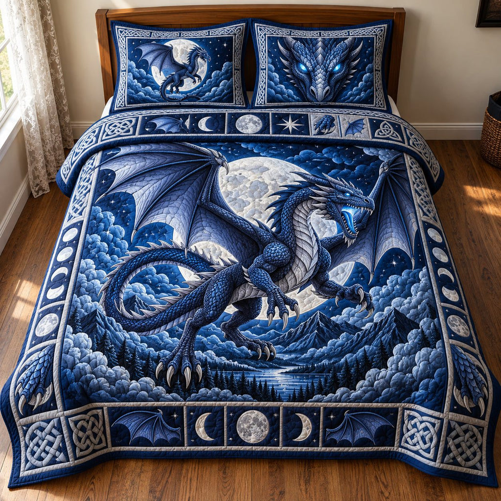 Storm Dragon quilted 3-piece bedding set on a made bed with two matching pillow shams