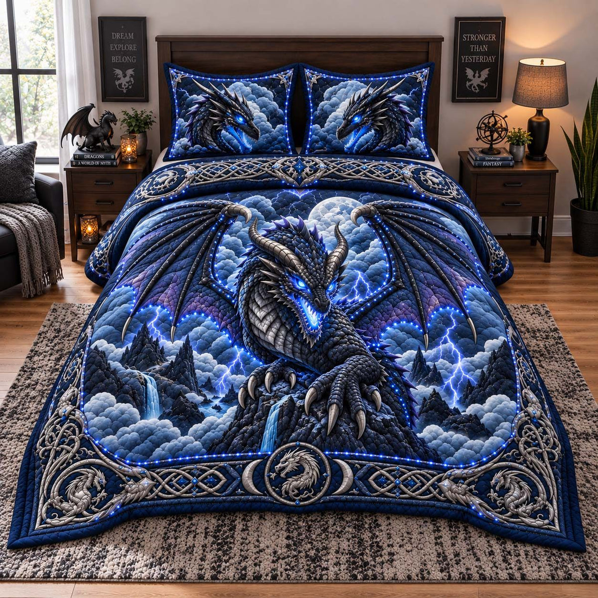 Stormborn Dragon quilted 3-piece bedding set on a made bed with two matching pillow shams