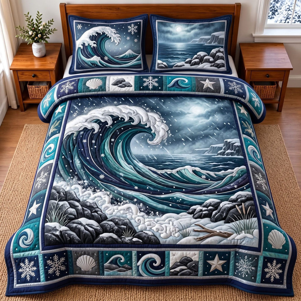 Stormy Ocean quilted 3-piece bedding set on a made bed in a light coastal bedroom