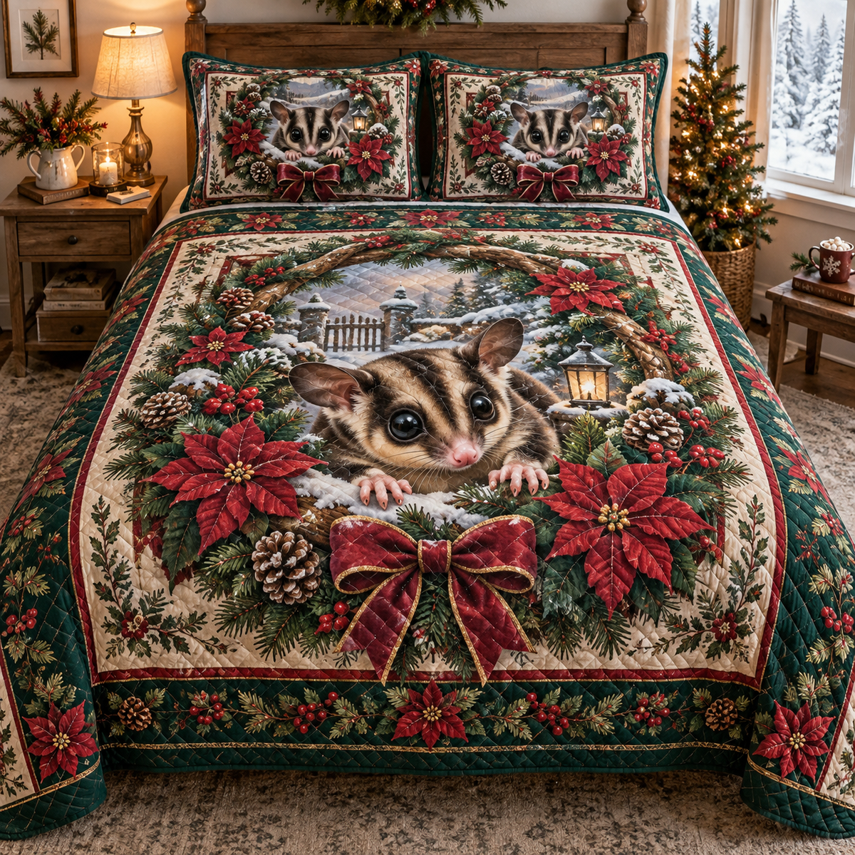 Sugar Glider Christmas 3-Piece Quilted Bedding Set — digital product visualization