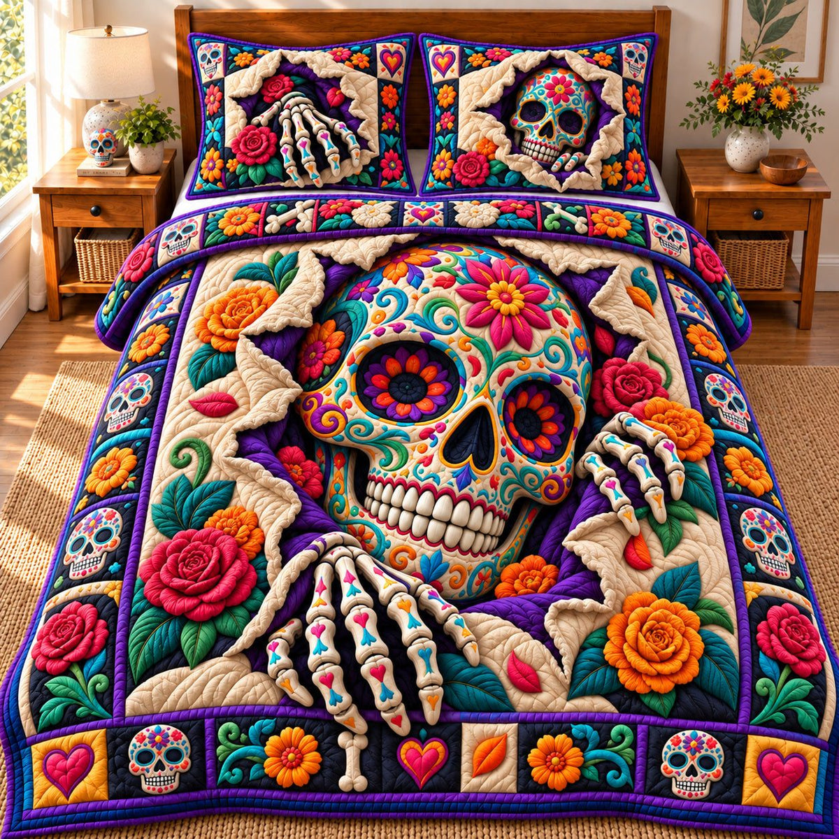 Sugar Skull Blossom quilted 3-piece bedding set on a made bed against a dark styled interior