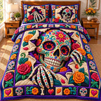 Sugar Skull Blossom quilted 3-piece bedding set on a made bed against a dark styled interior