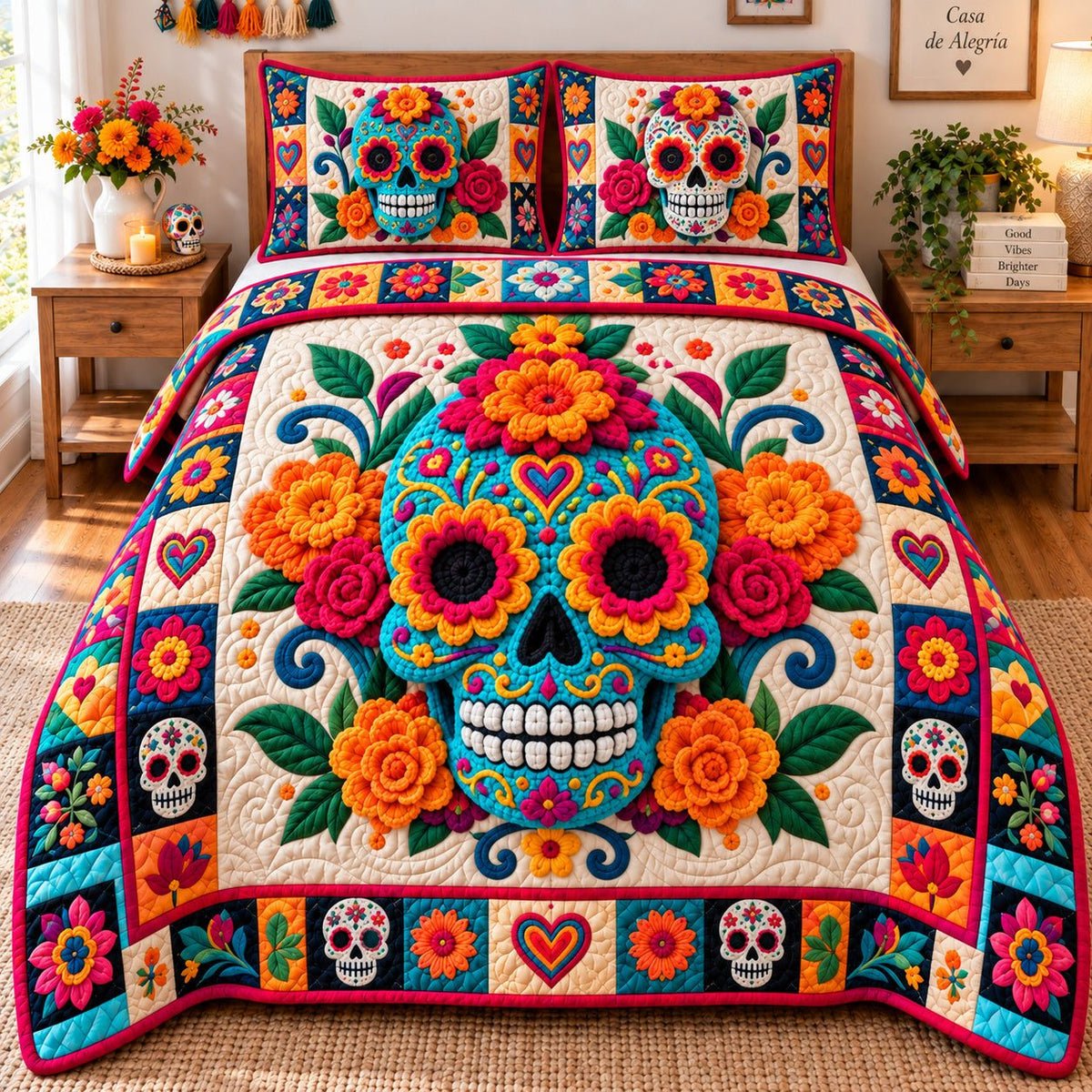Sugar Skull Carnival quilted 3-piece bedding set on a made bed against a dark styled interior
