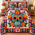Sugar Skull Carnival quilted 3-piece bedding set on a made bed against a dark styled interior