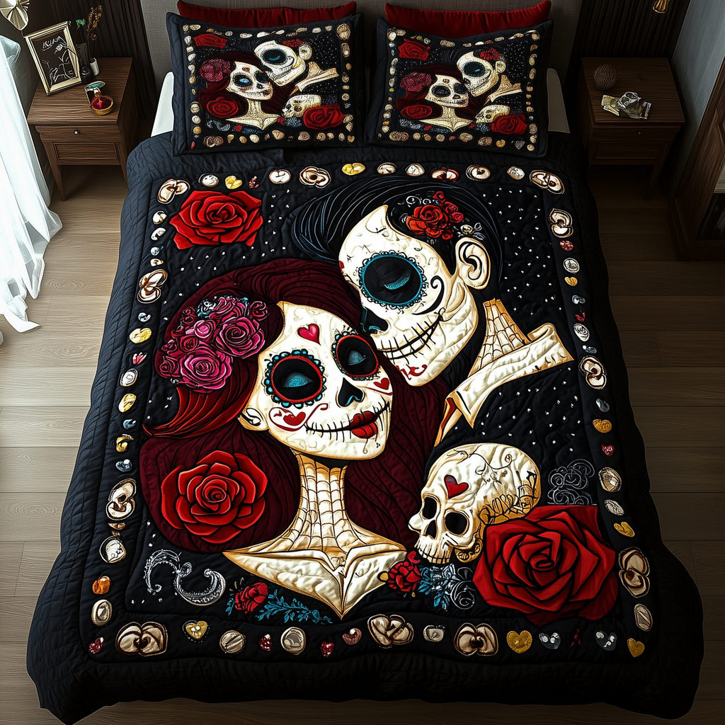Sugar Skull Couple Black quilted 3-piece bedding set on a made bed against a dark styled interior