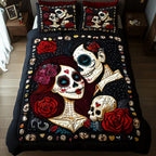 Sugar Skull Couple Black quilted 3-piece bedding set on a made bed against a dark styled interior