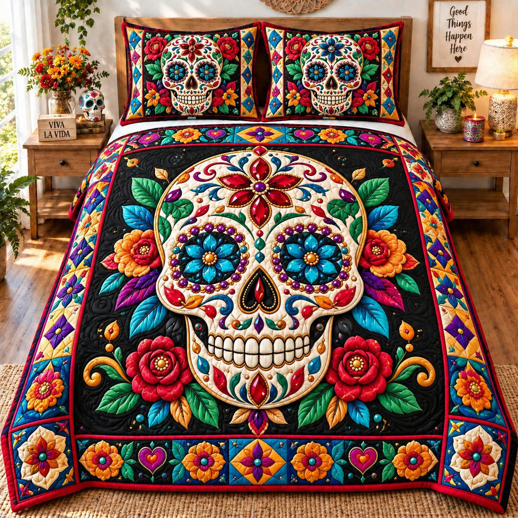 Sugar Skull Fiesta quilted 3-piece bedding set on a made bed against a dark styled interior