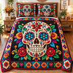Sugar Skull Fiesta quilted 3-piece bedding set on a made bed against a dark styled interior