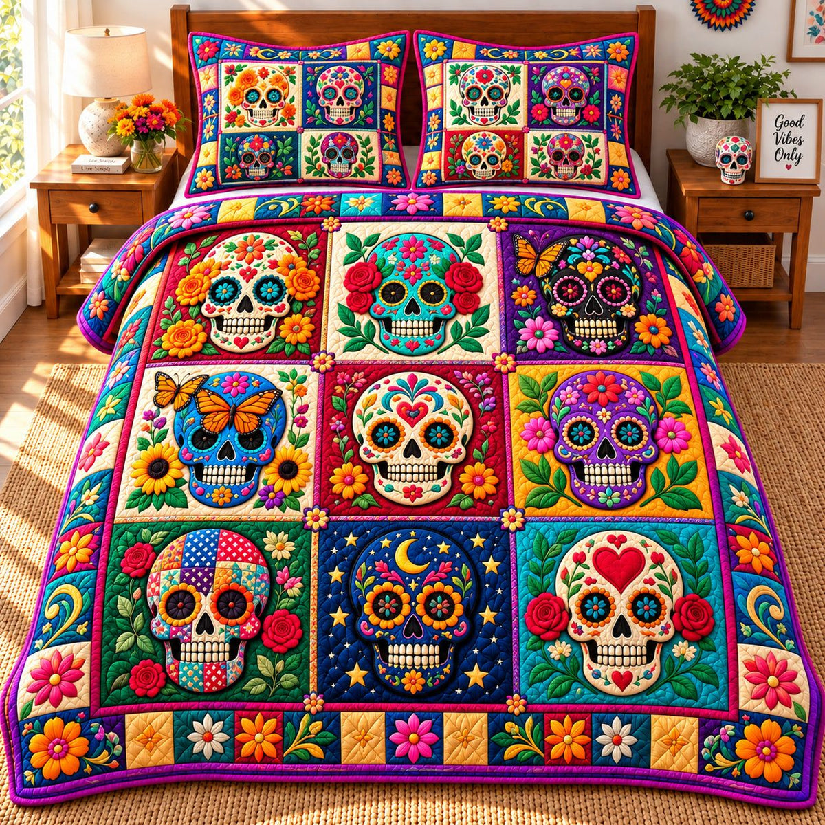 Sugar Skull Garden quilted 3-piece bedding set on a made bed against a dark styled interior