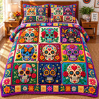 Sugar Skull Garden quilted 3-piece bedding set on a made bed against a dark styled interior